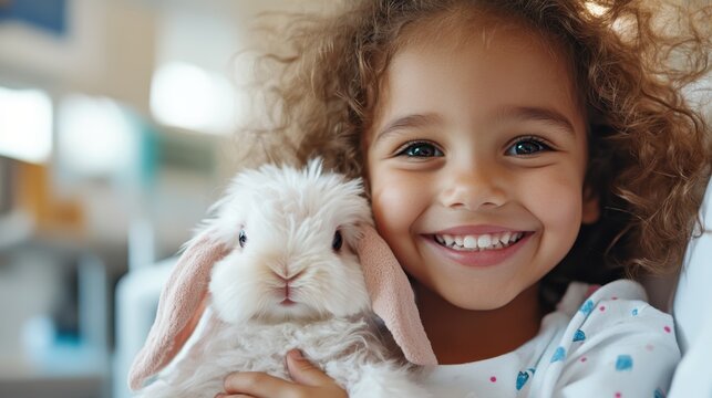 A smiling child holds a fluffy white bunny in a bright and cheerful setting, the joy of companionship and warmth evident in the child's glowing expression.