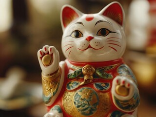 A close-up of a traditional Japanese Maneki-Neko, or "beckoning cat," figurine with a raised paw and gold coin. The figurine is decorated with red, white, and gold paint and has a friendly expression.