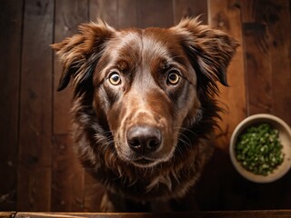 A brown dog looks up curiously while waiting for food beside a bowl of green vegetables on a wooden floor