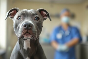 Close-up Portrait of a Grey and White Pit Bull Dog