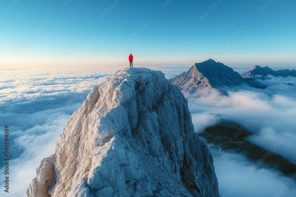 Wall mural silhouette of a man on top of a mountain peak.