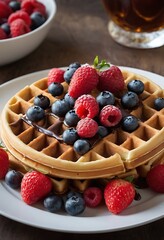 Delicious Belgian Waffles sprinkled with strawberries, berries and cherries with powdered sugar