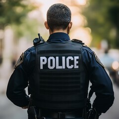 Rear view of a police officer in uniform walking down the street, focusing on public safety