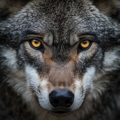 Fototapeta premium Intense close-up of a wolf face with piercing yellow eyes