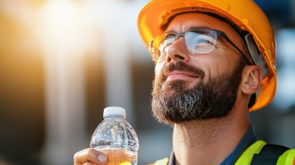 A construction worker wearing a hard hat is drinking water from a bottle while standing on a sunlit construction site, emphasizing the importance of staying hydrated and safe at work.
