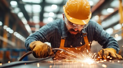 A welding professional dressed in blue coverall and yellow helmet creates sparks welding metal in a busy and productive workshop environment concentrating on tasks.