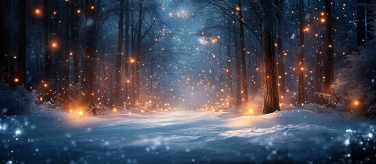 snow falling at night in a snowy dark forest with lights and stars