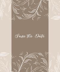 Obraz premium Wedding invitation template with outline foliage branches in pastel color. Rsvp card design template. Vector.