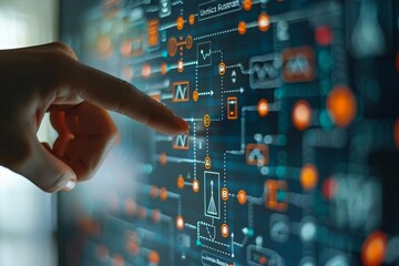 close-up shot of a hand pointing to a human resources process flowchart with various symbols and arrows.