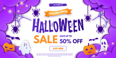 Fototapeta premium Happy Halloween sale web banner, paper cut style. Colorful poster with cute ghosts, pumpkin, clouds, spiders and bats. Vector design template for promo, advertising, social media, web. Shop now button