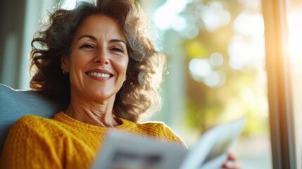 An elderly woman with glasses, comfortably seated and reading a book, her cheerful smile highlighted by the gentle sunlight streaming through the window.