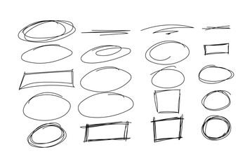 Ensemble de cercles dessinés à la main. Ovales et rectangles gribouillés, imitation rature au crayon