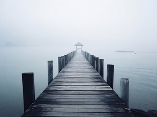 A serene wooden pier extends into a fog-covered lake, inviting calm reflection during the early morning hours