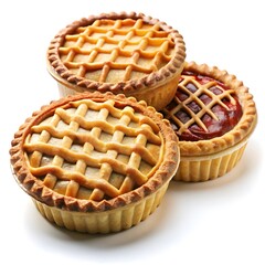 close-up of delicious filled tarts on white surface