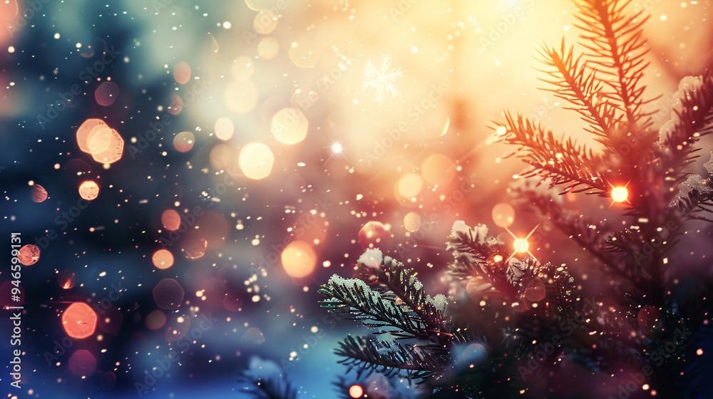 Aufkleber Snow falling softly on snow-covered pine tree branches at dusk with shimmering christmas lights in the background