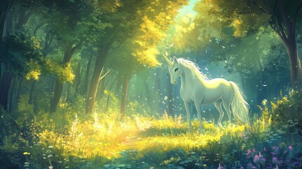 Magical Unicorn in a Sunlit Forest