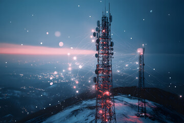 Telephony cell tower networks in telecommunication, with signals radiating, ensuring strong voice connections