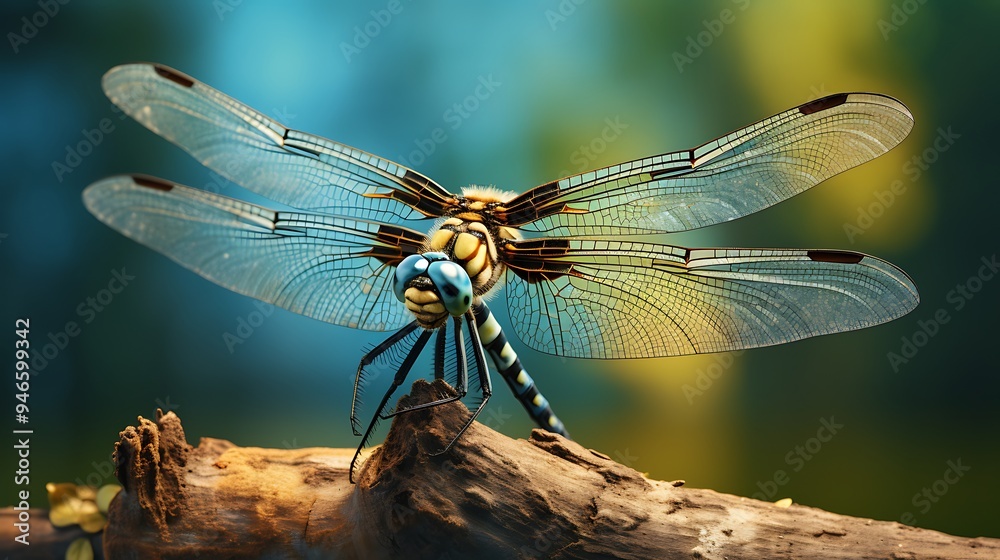 Wall mural a detailed photograph of a dragonfly in repose, allowing for an examination of its wings' fine textu