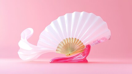 A decorative fan with a flowing design, set against a soft pink background.