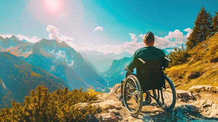 Obraz premium Wheelchair User Embracing Nature's Beauty and Bright Landscape Amidst Majestic Mountains and Clear Sky with Sunlight