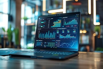 close-up shot of a portable computer displaying statistical infographics on a desk in an empty modern office.