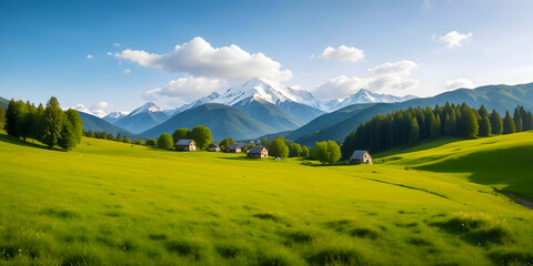 Scenic mountain landscape with grassy meadow, sky, cloud, house, Idyllic rolling green hills and nature