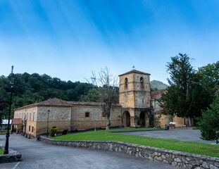Romanesque monastery of San Pedro de Villanueva from the 12th century. Cangas de Onis, Asturias, Spain.