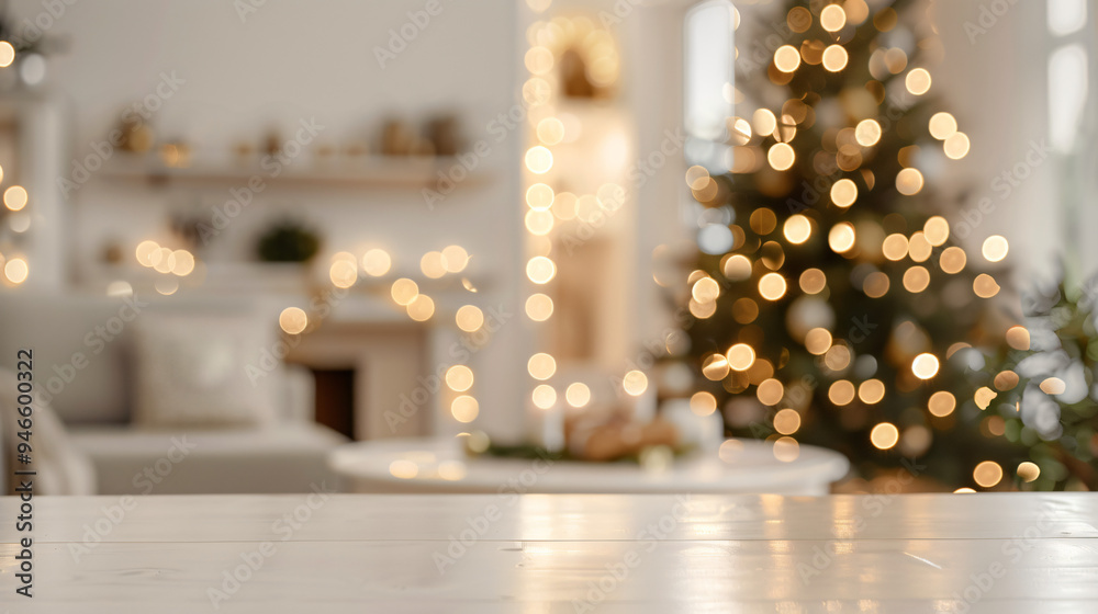 Aufkleber blurred christmas tree and fireplace background on empty wooden tabletop, ideal for showcasing holid