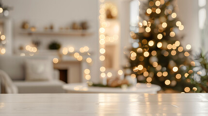 Blurred christmas tree and fireplace background on empty wooden tabletop, ideal for showcasing holiday season products