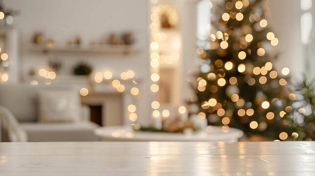 Blurred christmas tree and fireplace background on empty wooden tabletop, ideal for showcasing holiday season products