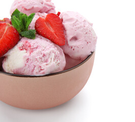 Bowl of delicious ice cream scoops with fresh strawberries and mint isolated on white background