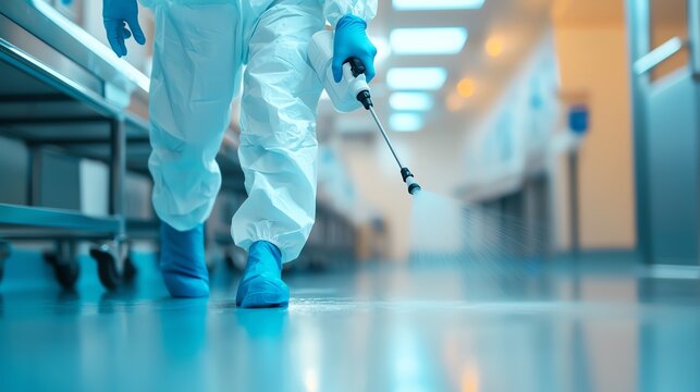 Person in a white protective suit, blue gloves, and mask, spraying insecticide on the floor, clean and clinical environment, with copy space for text
