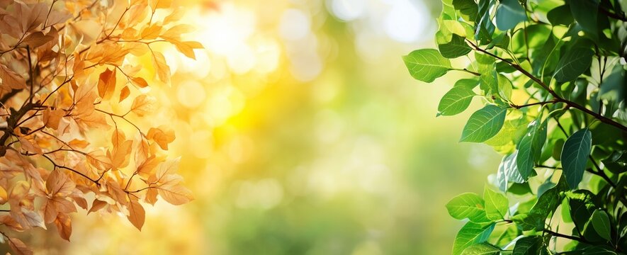 A background with a split view of green summer leaves and orange autumn foliage, featuring a soft focus bokeh effect, ideal for highlighting seasonal transitions in design.