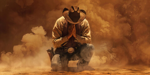 Gunslinger's Prayer: A lone cowboy kneels on the dusty ground, his hands folded in supplication, his holstered pistol a reminder of the risks he faces daily. 