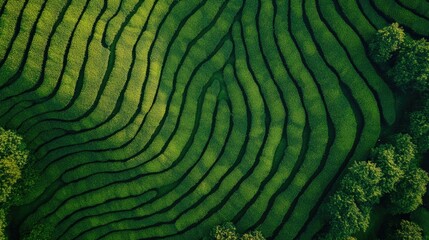 Aerial view of a tea plantation, showing the organized rows of tea bushes forming beautiful patterns across the landscape. Perfect for nature and agriculture themes.