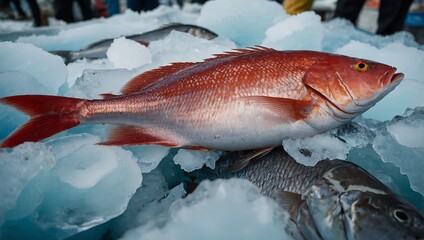 Red snapper and other sea fish on ice at a market