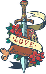 Fototapeta premium The sword pierces a piece of meat with the inscription love. Prestigious restaurant with selected menu and food. Stylish medieval symbol of love for delicious food.