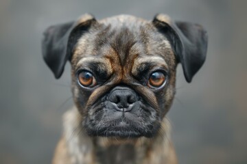 A close-up of a pug's face. AI.