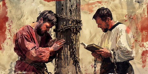 Condemned Man's Last Rites: A prisoner, bound in chains, leans against a weathered wooden post, his eyes closed as a minister reads from a worn Bible. 