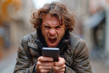 A man shouts in frustration while looking at his phone. AI.