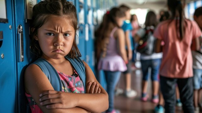 A young girl stands with her arms crossed, looking upset. AI. - Powered by Adobe