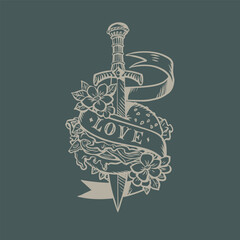 A blade in flowers pierces a burger with the inscription love. Delivery of delicious burgers to all customers. The problem with the habit of eating fast food.