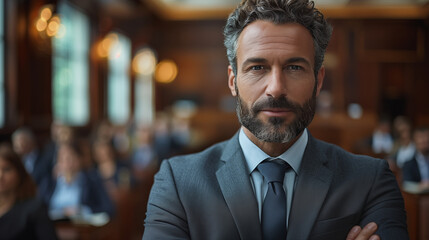 Naklejka premium Confident businessman in formal attire at corporate event. Concept of leadership and professionalism.