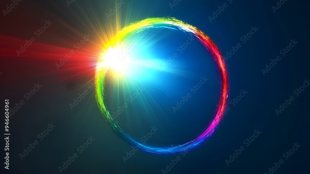 Poster a captivating conceptual image of a rainbow forming a perfect circle around a point of vivid luminou