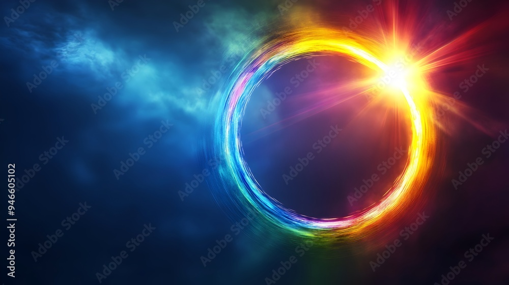 Poster a captivating conceptual image showcasing a perfect circular rainbow formation around a point of lig