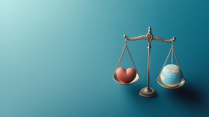 Radiant scale with a globe on one side and a heart on the other, perfectly balanced, representing justice and equality, soft lighting, with room for text