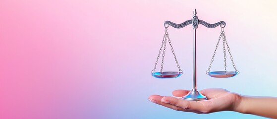 Radiant scale of justice being released from open hands, symbolizing fairness worldwide, positioned to the right, soft gradient background, with copy space on the left