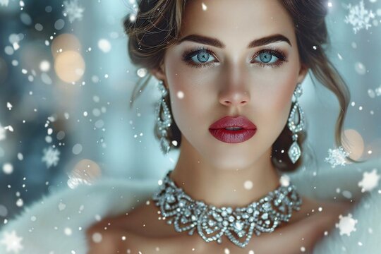 woman wearing a stunning diamond necklace and earrings in a snowy winter setting, with the snowflakes gently falling around her.