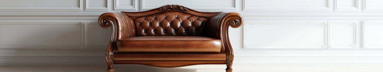 Obraz premium Elegant brown leather chesterfield sofa in a minimalistic room