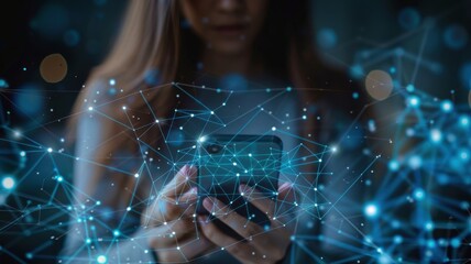 Woman using smartphone with digital network overlay.
